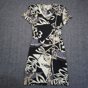 Vtg 90s Wrap Dress 4 Black Beige Abstract Floral Asymmetric Button Sheath Safari